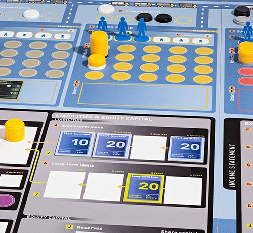 Ökonomikus Sales game board with different sales department, finances and customer orders.