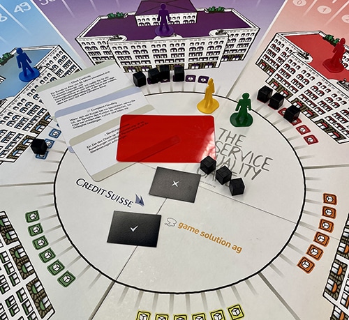 Service Quality Game board with game pieces, dice and service requests in card form for employee training.